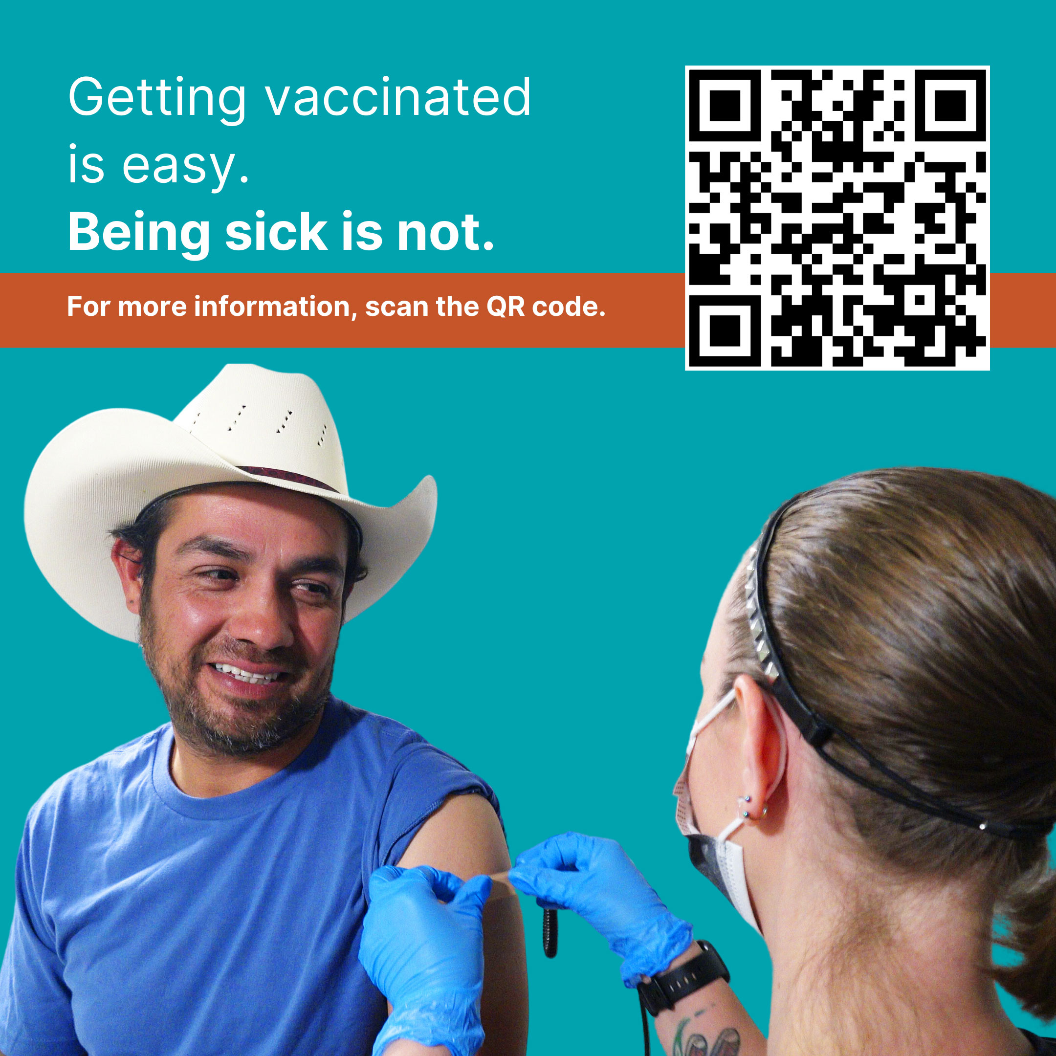 Male farmer getting a band-aid on his arm right after getting vaccinated by a nurse. Text says: Getting vaccinated is easy. Being sick is not.